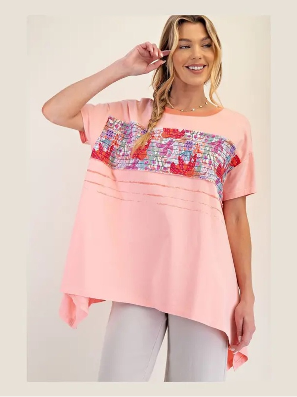 easel Coral Pink Sharkbite Short Sleeve Top with Floral Panel